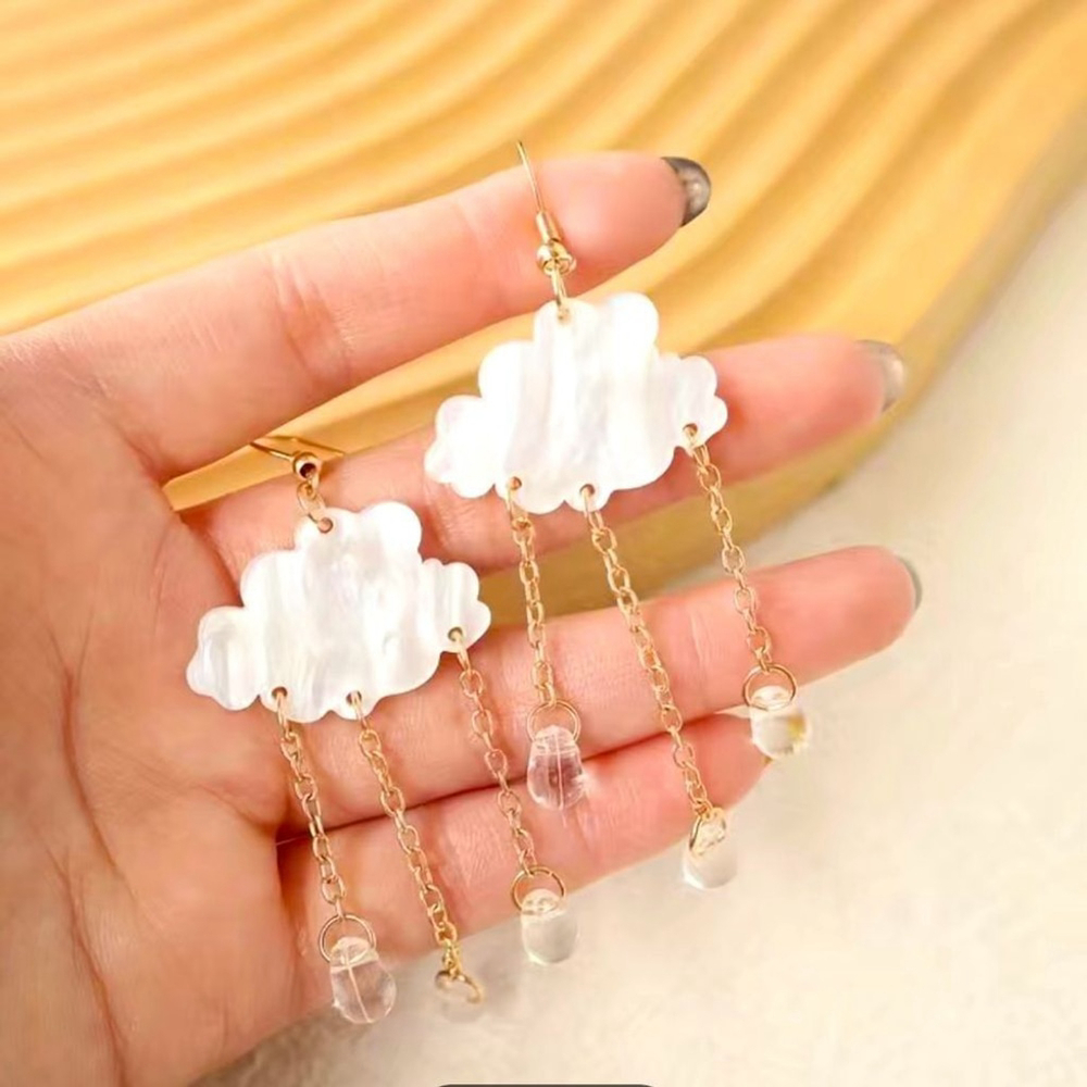 NEW Whimsical Rain Cloud Acrylic Tassel Earrings with Water Drop Dangles – NWT - Picture 2 of 3